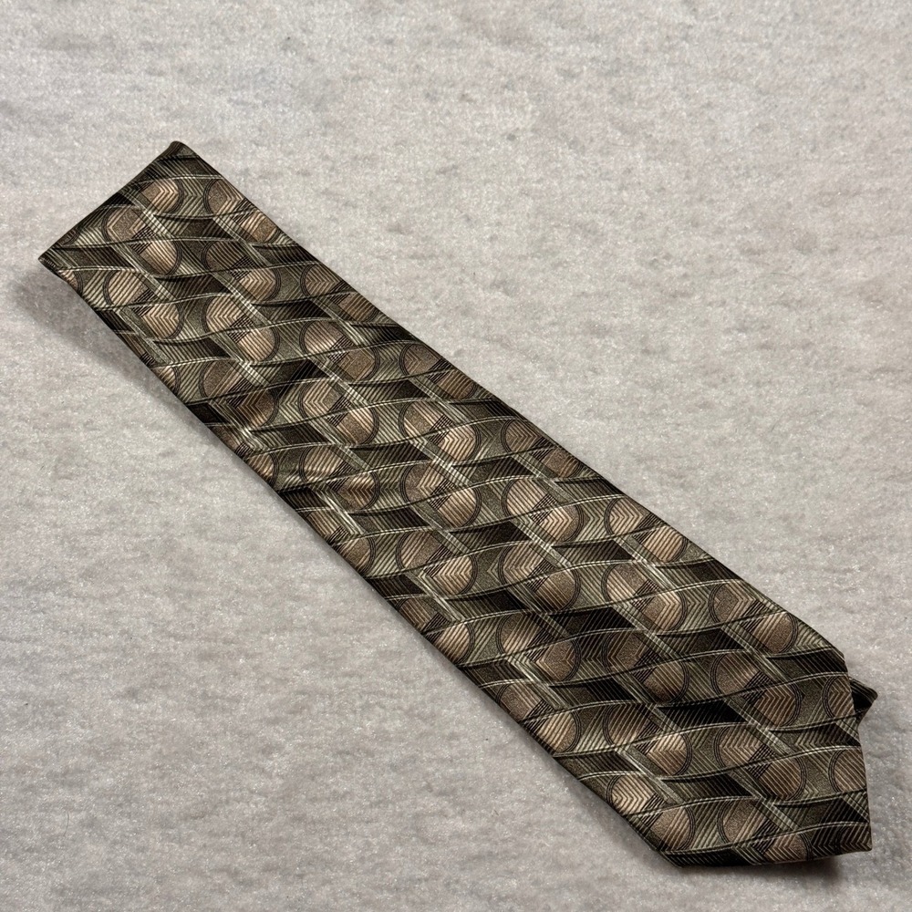 Zylos George Machado Mens‎ Silk Geometric Pattern Necktie Brown Gold